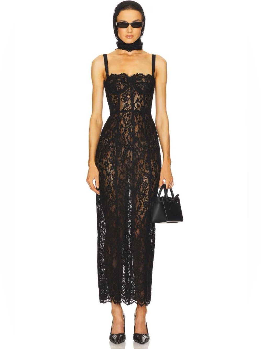 Helsa Black Lace Corset Bustier Midi “The Lace Column” Dress NWOT